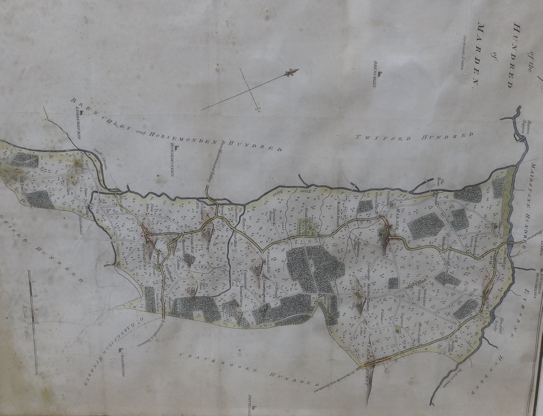 Six antique maps including Calcutta, publ. Chapman & Hall, 1842, England and North Wales by Henricus Hondius and Islands in The Indian Ocean by J Rapkin, publ. John Tallis, largest 48 x 38cm